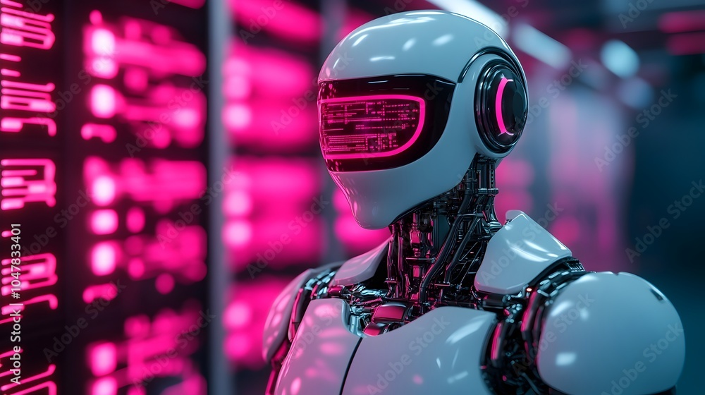 Aufkleber humanoid robot technician working on a futuristic car engine surrounded by neon holograms and sleek 