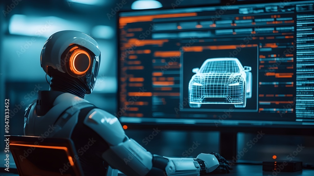 Poster cybernetic robot analyzing a holographic blueprint of a high tech futuristic vehicle with glowing wi