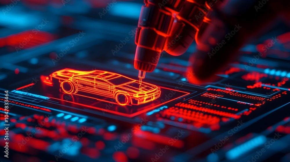 Poster cybernetic robot analyzing a holographic blueprint of a high tech vehicle with glowing wireframe pro