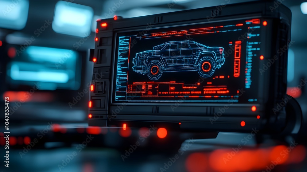 Poster cybernetic robot analyzing a highly detailed holographic blueprint of a cutting edge high tech vehic