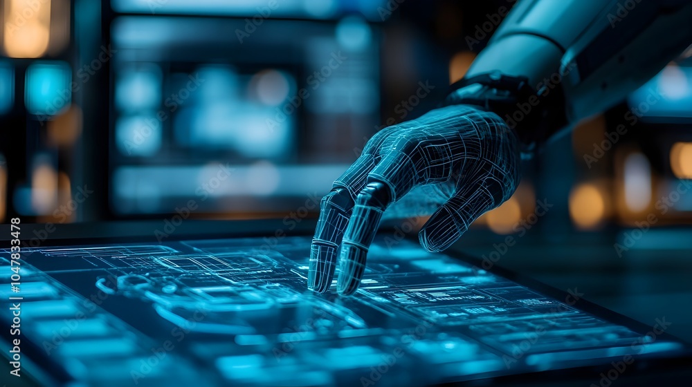 Poster cybernetic robot examining holographic blueprint projections of a high tech futuristic vehicle using