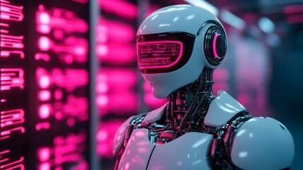 Fototapeta premium Humanoid robot technician working on a futuristic car engine surrounded by neon holograms and sleek digital displays The scene showcases advanced technology automation