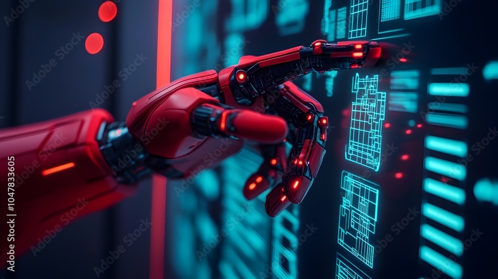 Poster futuristic robot mechanic repairing a high tech cybertruck surrounded by floating holographic panels