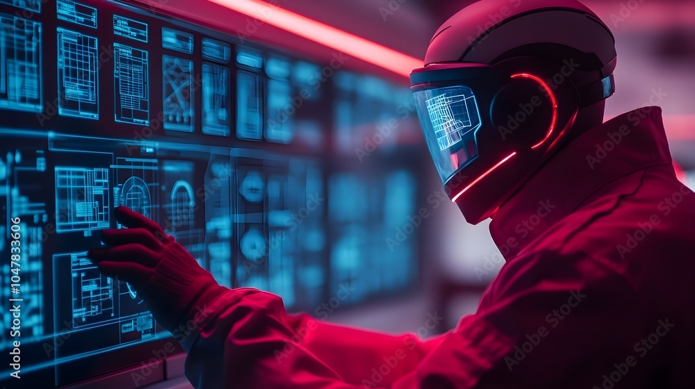 Poster futuristic robot mechanic working on repairing a cybertruck floating holographic digital panels disp