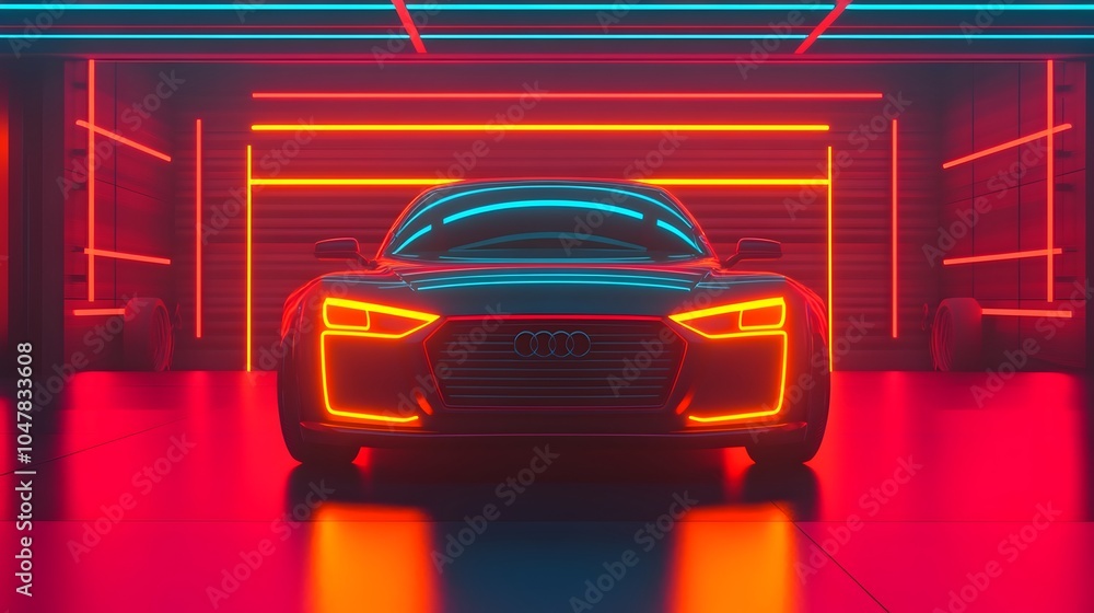 Aufkleber ai powered automotive repair robot assessing self driving car in sleek high tech garage with neon gl