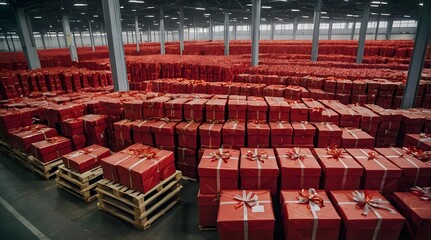 Naklejka premium Warehouse Filled with Red and Green Christmas Gifts, Symbolizing Holiday Festivity .
