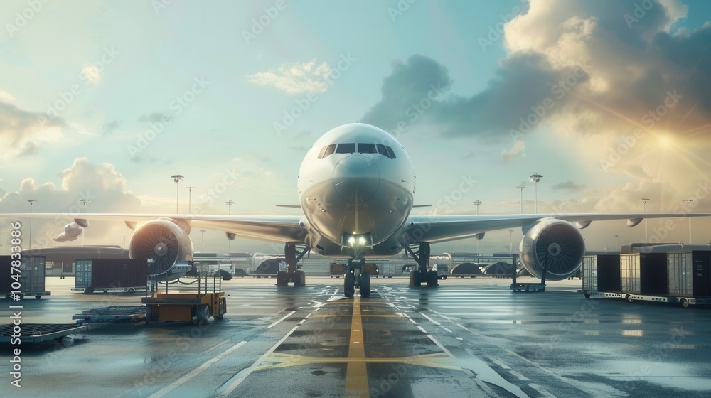 Aufkleber A cargo airplane is positioned on the runway, with loading and unloading equipment actively preparing for its next flight. Generative AI