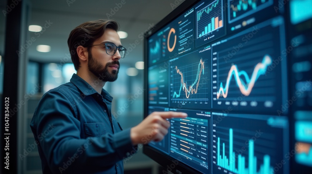 Poster analyst in business analytics and data management system reporting kpi metrics for corporate finance