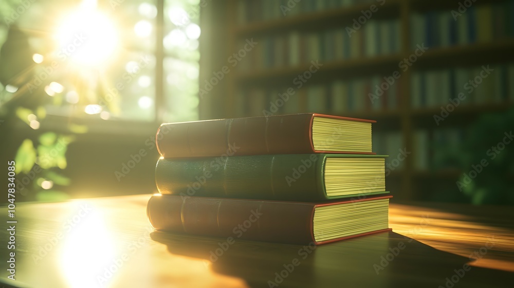 Aufkleber stack of books on wooden table with sunlight and bookshelf background