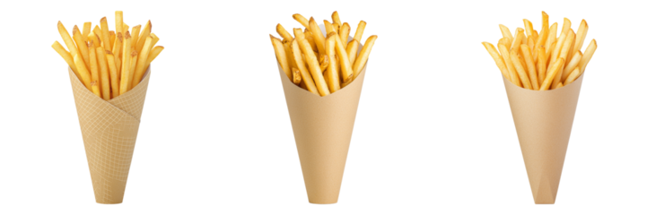 Deliciously Crispy French Fries in Paper Cones isolated on transparent background