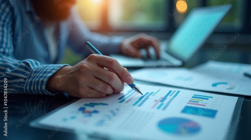 Poster analyst in business analytics and data management system reporting kpi metrics for corporate finance