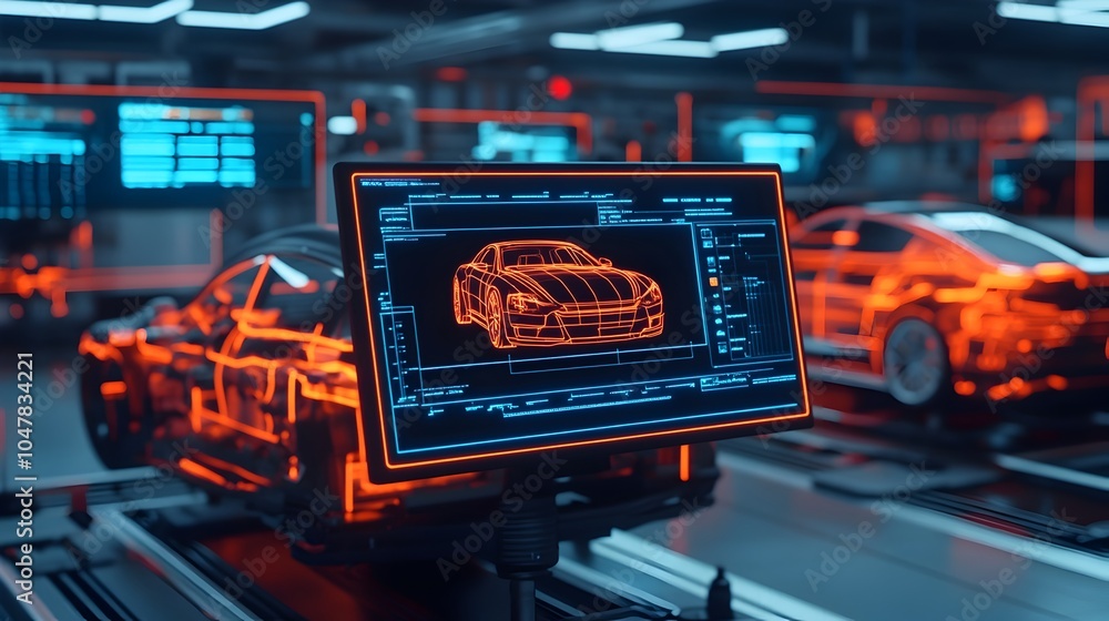 Poster a sleek and advanced ai powered robot closely inspecting a detailed digital schematic of a car engin