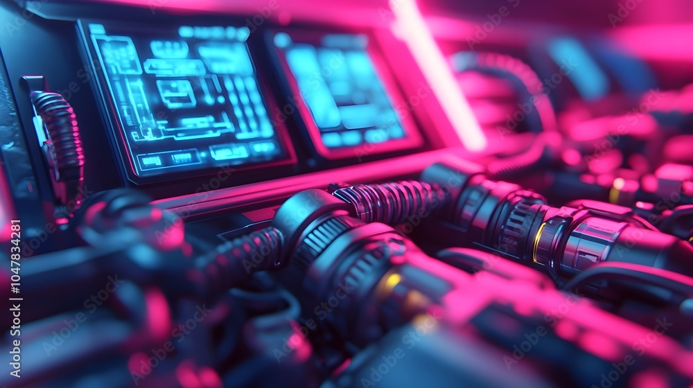 Poster robotic arms meticulously working on a futuristic car engine with glowing holographic displays in th