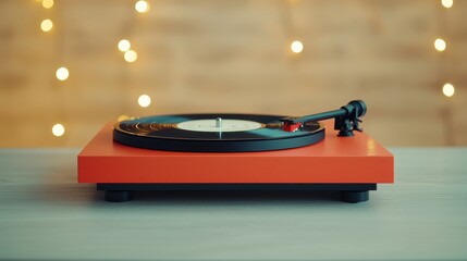 Vintage orange turntable on a wooden table with lights in the background, perfect for music lovers.