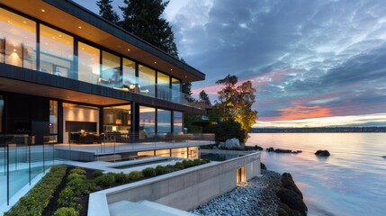 Modern waterfront house with glass windows and balcony overlooking the sea at sunset.