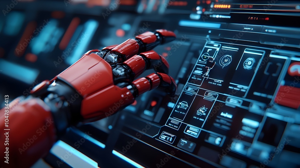 Poster robotic arm precisely assembling the interior components of a sleek futuristic vehicle surrounded by