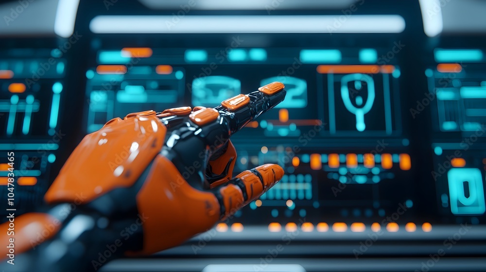 Poster robotic arm meticulously assembling the interior components of a futuristic vehicle surrounded by fl