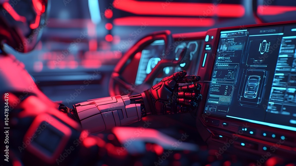Poster robotic arm meticulously assembling the interior components of a sleek futuristic vehicle surrounded