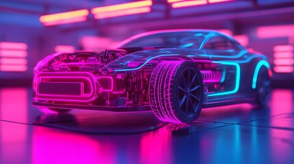 Fototapeta premium Autonomous repair robot adjusting the engine of a high performance electric car in a cyberpunk style workshop with neon lights and highly detailed futuristic technology