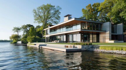 Obraz premium Modern Waterfront Home with Expansive Glass Windows and Dock
