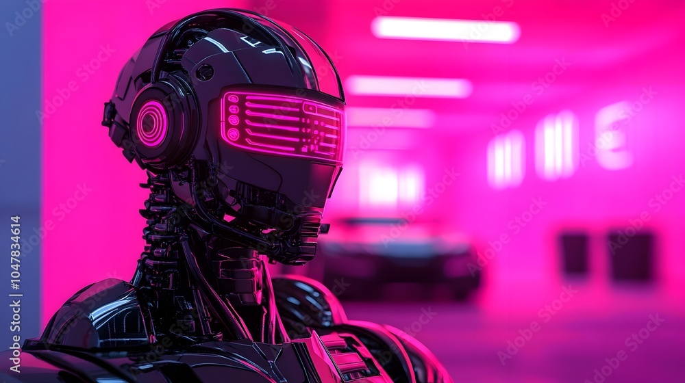 Poster ai powered robot performing maintenance on futuristic race car with holographic diagnostics and neon