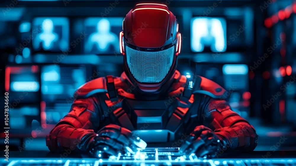 Poster robotic welder with glowing hands fabricating the frame of a high tech electric vehicle in a futuris