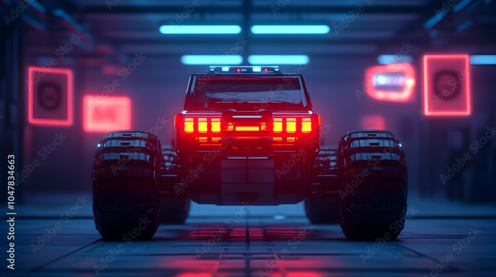 Poster robotic welder with glowing hands constructing the frame of a futuristic electric vehicle in a cutti
