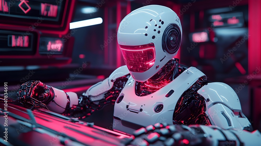 Poster a robot with glowing hands is shown welding the frame of a high tech electric vehicle in a cyberpunk