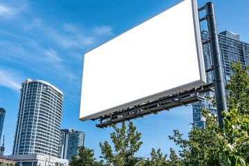 A blank billboard stands tall against a clear blue sky, surrounded by modern buildings and green trees, perfect for advertising.