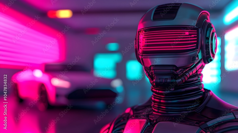 Poster cybernetic robot performing advanced diagnostics and system analysis on a self driving car in a neon