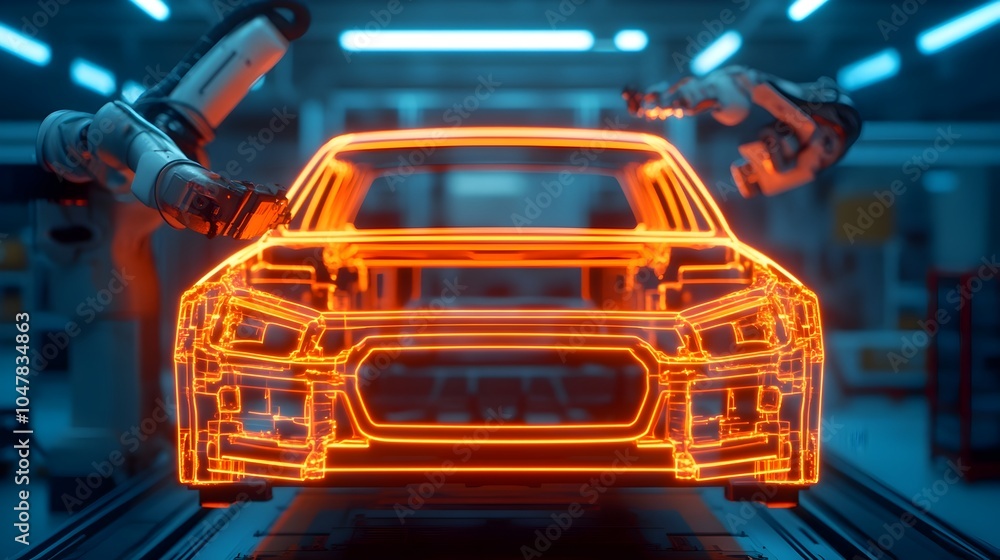 Poster skilled mechanized robot precisely welding the chassis of a luxurious car surrounded by glowing holo
