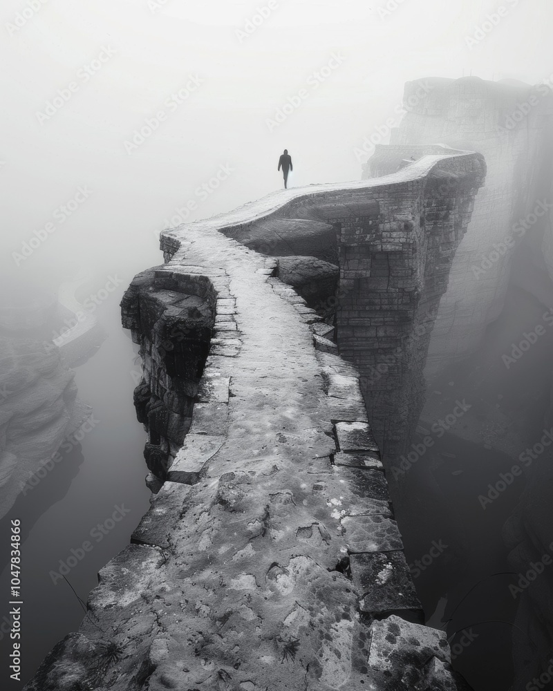 Poster a lone figure walks across the top of a narrow stone bridge the only connection between two worlds. 