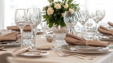 Elegant table settings with silk napkins, crystal glasses, and warm ambient lighting, creating a luxurious corporate dining experience, isolated on white