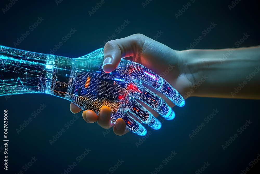 Canvas Prints hand shaking between human and digital hand, integration between human and artificial intelligence.