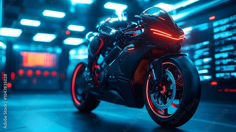 Poster autonomous robot technician tuning a sleek electric motorcycle in a cyberpunk inspired garage with g