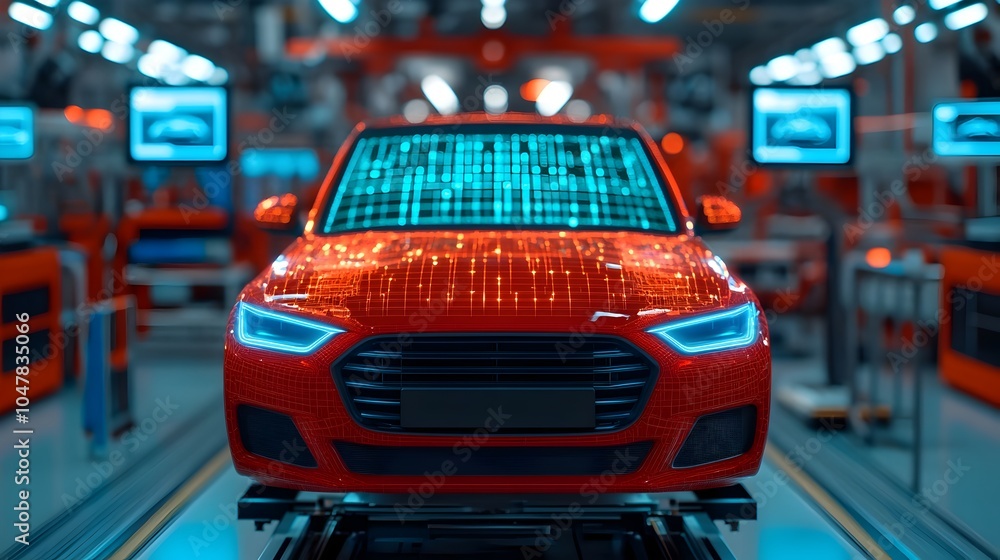 Poster advanced robot assembling high performance car in sleek sterile futuristic workshop with glowing hol