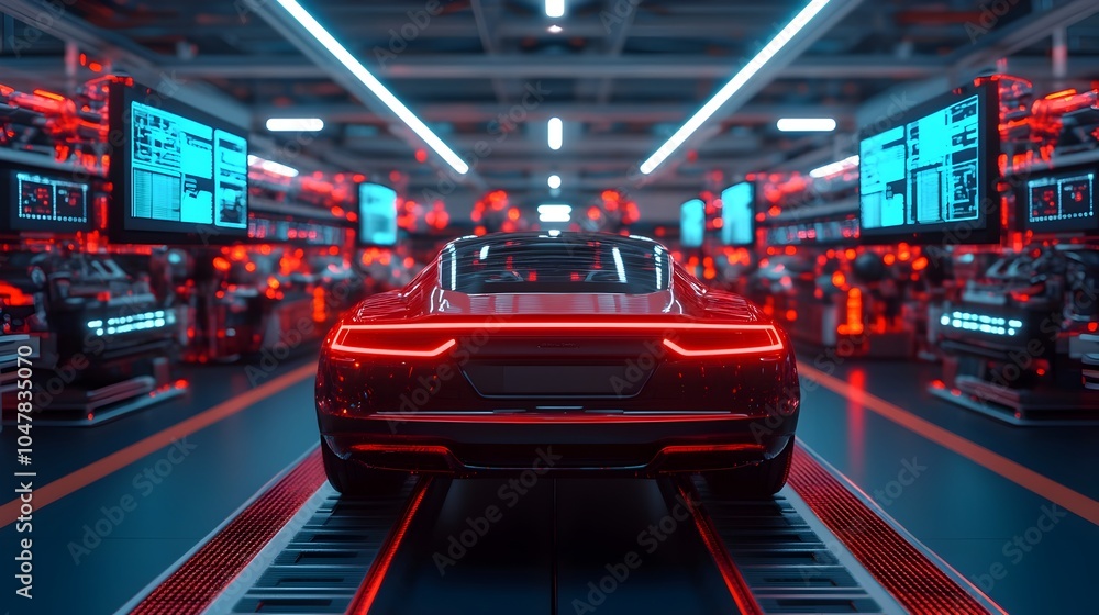 Poster futuristic robot assembling a high performance car in a sleek sterile workshop with glowing holograp