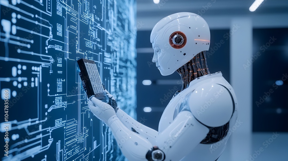 Poster close up view of a robot technician carefully replacing the battery module of a futuristic electric 