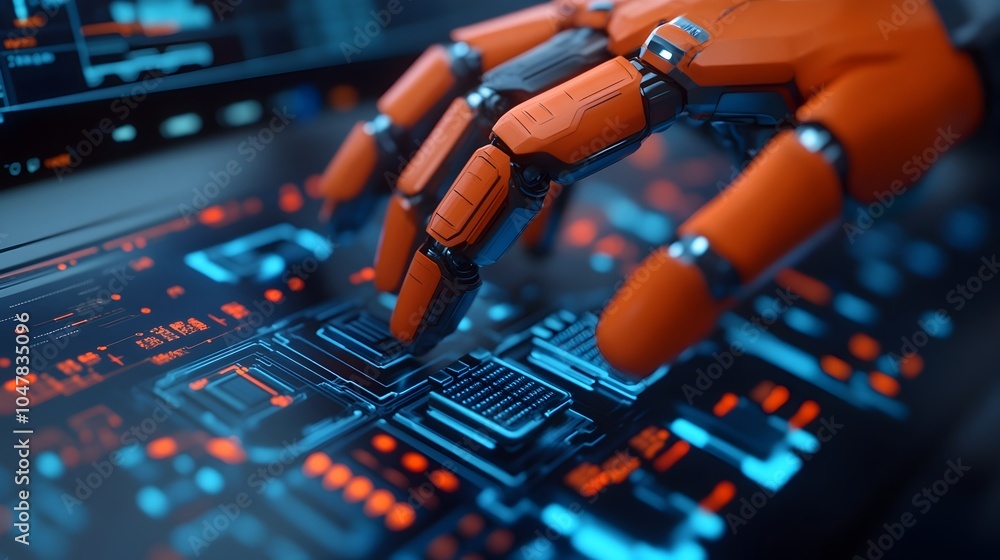 Poster close up view of a robotic technician carefully and precisely replacing the battery module of an ele