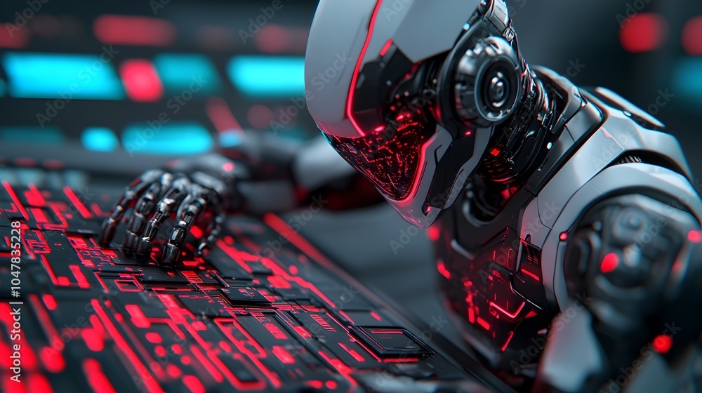 Aufkleber a high tech robot meticulously working on the engine of a luxury car surrounded by a futuristic work
