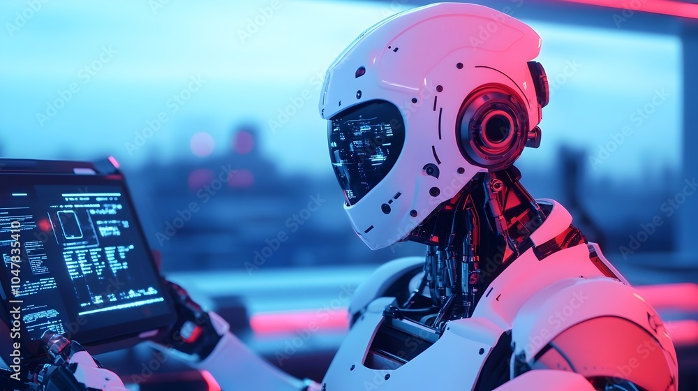 Poster robotic mechanic meticulously fixing an electric vehicle under a blue neon lit high tech workspace w