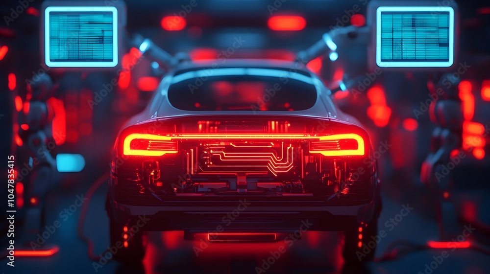 Aufkleber robotic mechanic repairing and maintaining an electric vehicle under the glow of blue neon lights wi