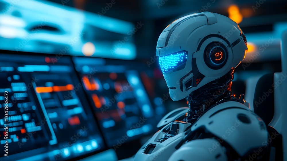 Poster robotic technician with glowing blue eyes analyzing and diagnosing a futuristic car using advanced h