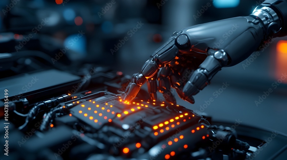 Poster autonomous robotic arms meticulously repairing the engine of an advanced electric truck in a futuris