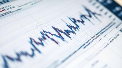 A close-up view of a stock market chart on a computer screen. The chart shows a line graph with red and blue lines