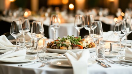 Formal corporate dinner with sophisticated table settings, candlelight, and warm ambient lighting, isolated on white