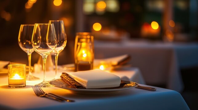 Formal corporate dinner with sophisticated table settings, candlelight, and warm ambient lighting, isolated on white