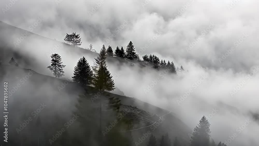 Poster misty mountain landscape with pine trees partially obscured by dense fog, creating an atmosphere of 