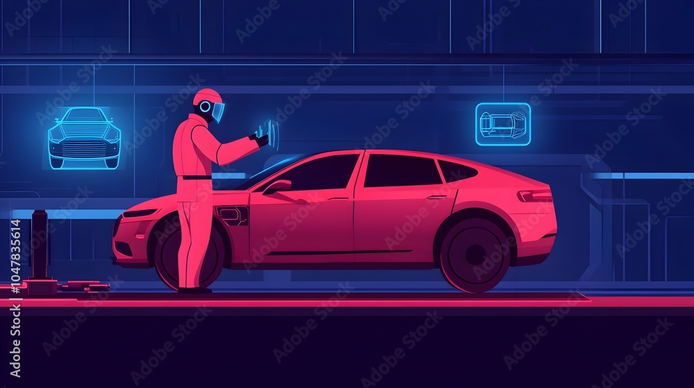 Poster robotic technician using advanced diagnostics technology to repair and service an electric suv holog
