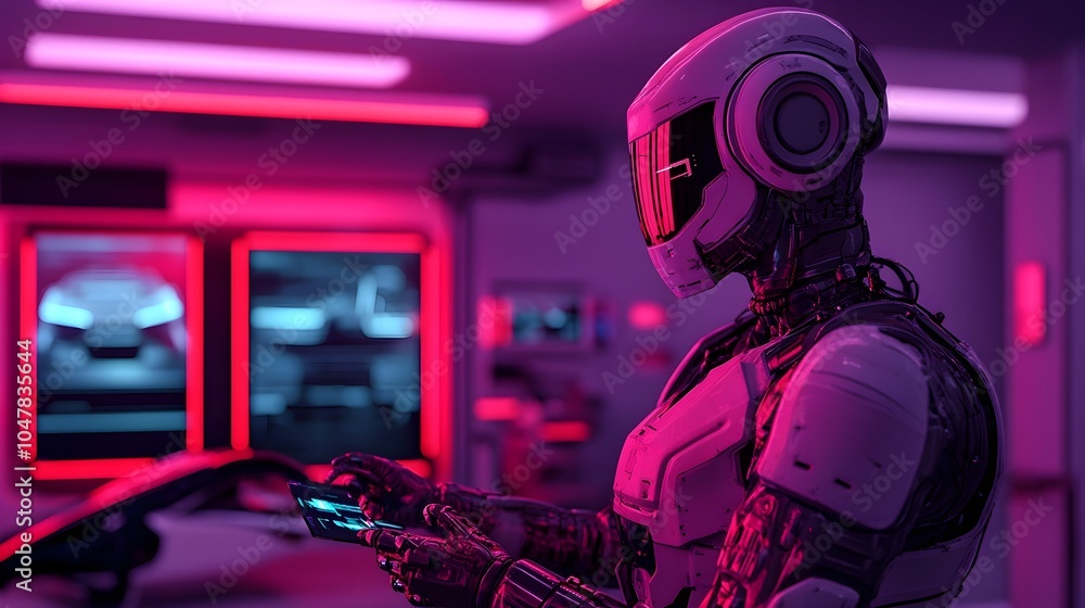 Poster futuristic mechanic robot working on repairing and maintaining a neon lit flying car in a high tech 